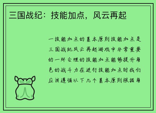 三国战纪：技能加点，风云再起