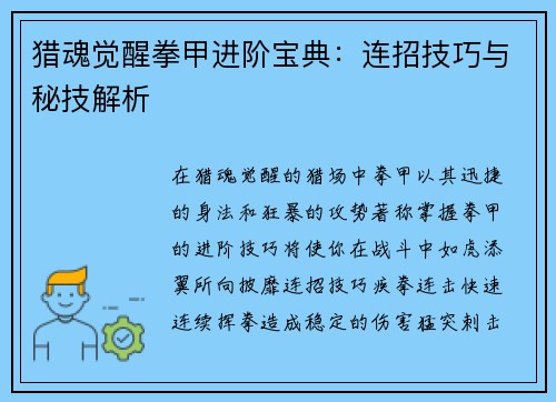 猎魂觉醒拳甲进阶宝典：连招技巧与秘技解析